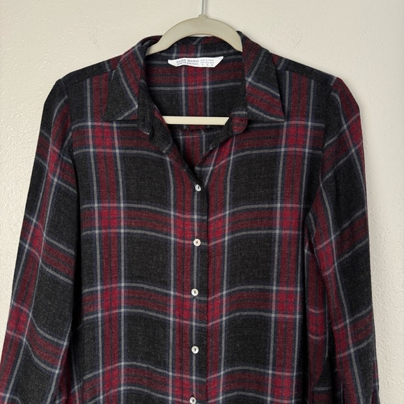 Zara plaid red black button down pocket tunic top mini dress M - Picture 3 of 10